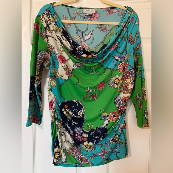 Carmen Marc Valvo Draped Neckline Green Floral Blouse Large Cottagecore‎ Fairy - Picture 2 of 9